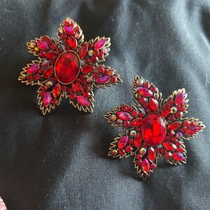 2 stunning red sparkly flower pins, shoe clips, scarf, shawls accessories